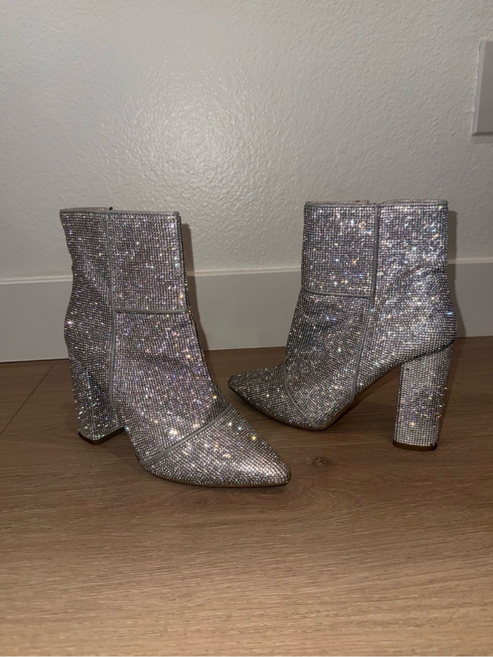 Steve Madden Silver Crystal-Embellished Block Heel Ankle Boots